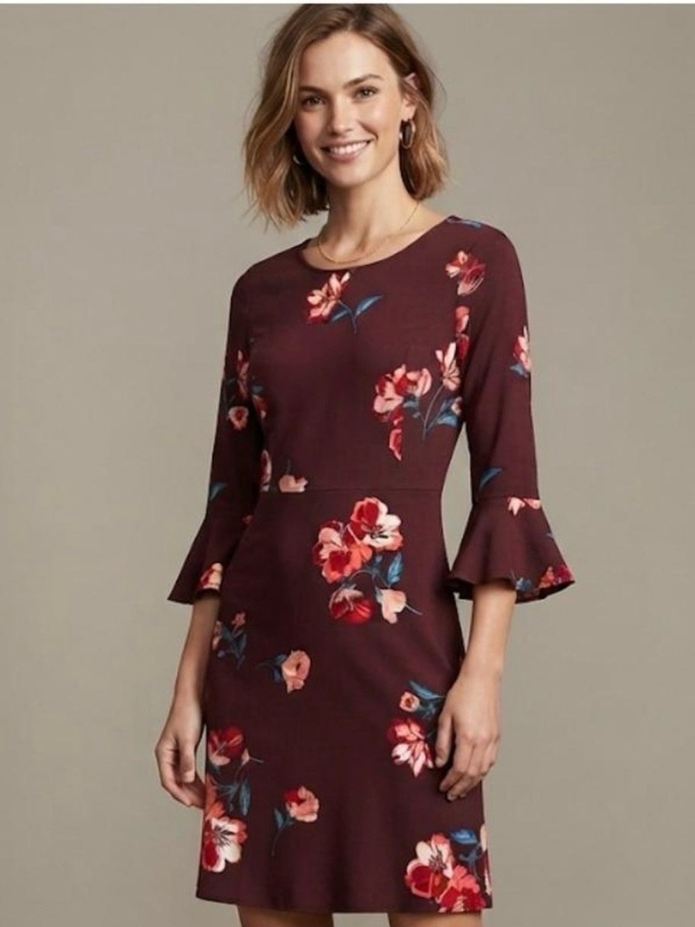 Old Navy Wine Floral Midi Dress with Bell Sleeves